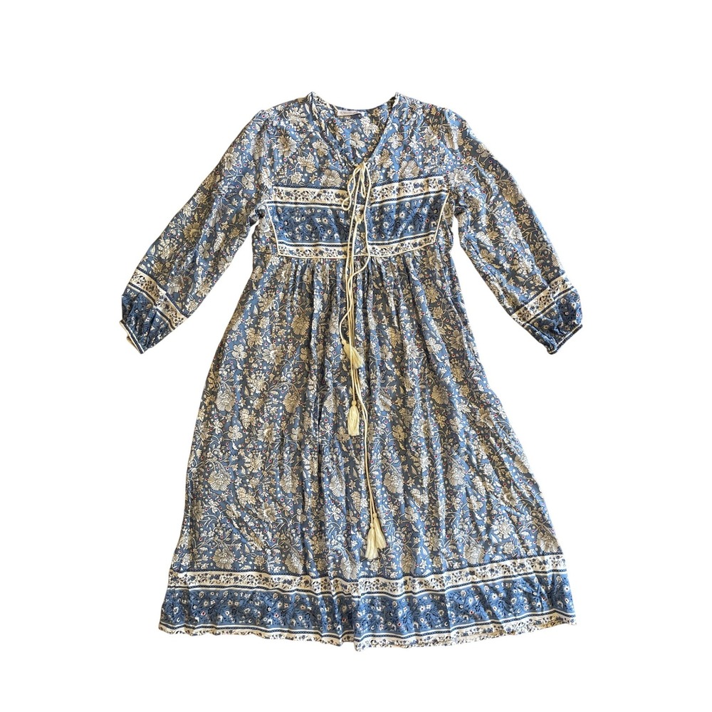 R.Vivimos Cottagecore Blue Floral Boho Tassel Empire Waist Midi Dress XS 0/2